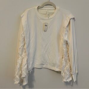 Anthropologie White Fringe Sleeve Sweatshirt